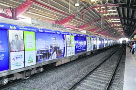 The first metro train with ads at the Yamuna Bank Metro station in New Delhi on Saturday