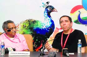 Iranian director Mohsen Makhmalbaf (left) addresses a press conference at Panjim, Goa, on Saturday