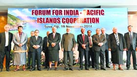 Prime Minister Narendra Modi poses with representatives of the Forum for India -Pacific Islands Cooperation in Fiji