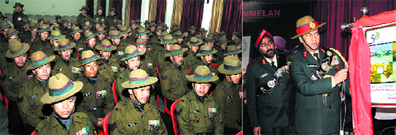 Soldiers of the 11th Gorkha Rifles take part in the golden jubilee celebrations on the raising day of the sixth battalion; and (right) Lieut-Gen Rakesh Sharma launches a ticket dedicated to the martyrs at Khasa Cantonment in Amritsar on Sunday.