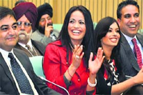 Ruby Dhalla (in red) , the former MP from Canada at the plenary session on “Engaging the global Indian,” during the Pravasi Bharatiya Divas