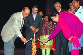 Dr VM Katoch, Director General, ICMR, lights the ceremonial lamp at the inaugural function of the training programme at the Tanda medical college in Kangra on Saturday