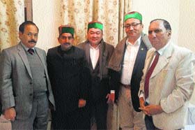 Dr T Kheruga, VC of Mongolian University, and Sukhtulla of the international affairs of the university, with KS Pathania, Vice-Chairman, HP Forest Corporation, and KK Katoch, VC, CSK HPKV, at a hotel in Kangra on Friday