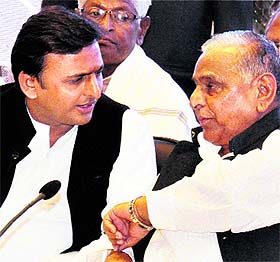 SP supremo Mulayam Singh Yadav with UP CM Akhilesh Yadav at a function in Lucknow on SP supremo Mulayam Singh Yadav with UP CM Akhilesh Yadav at a function in Lucknow on Sunday. 