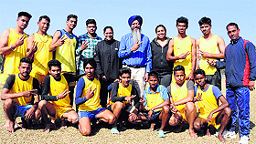 Members of the kho-kho team of SGGS College flash the victory sign after their matches on Monday. 