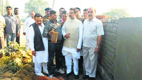 MLA Harvinder Kalyan at a project site in Gharaunda on Monday.