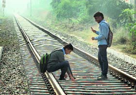 Schoolhildren on railway tracks in Jalandhar