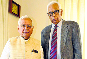 Governor NN Vohra with Vijay Chopra, chairman of the Punjab Kesari and Hind Samachar Group, at Raj Bhawan in Jammu on Monday. 