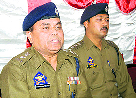 Shivdev Singh Chauhan, SP (North), addresses mediapersons at the Janipur police station in Jammu on Monday. 