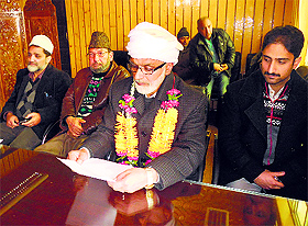 NC leader Ali Mohammad Sagar files his nomination papers for the Khanyar Assemby seat at the Deputy Commissioners office in Srinagar on Thursday. 