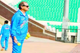 High Performance Director Roelant Oltmans oversees a training session of the Indian hockey team