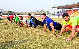  Kabaddi players during a camp at the Multi-Purpose Sports Stadium in Bathinda on Tuesday. 