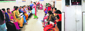 Patients at the gynaecology OPD of the mother and child care centre in Sector 22, Chandigarh, on Tuesday; and (right) the ultrasound room lies closed as the machine is out of order.