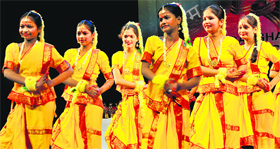 Hearing and speech impaired students present a dance item at Tagore Theatre in Chandigarh on Tuesday.