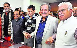 Chief Minister Manohar Lal Khattar with Union Ministers Suresh Prabhu and Birender Singh at the Haryana Vidhan Sabha in Chandigarh on Tuesday