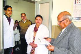 Dr Ajay Aggrawal, member of the MCI team, inspects the Department of Anatomy at the DRPGMC, Tanda, on Tuesday