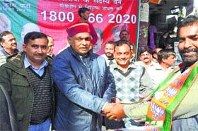 Ex Chief Minister PK Dhumal during a BJP membership drive in Hamirpur on Tuesday