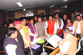 BJP leaders meet Chief Minister Harish Rawat regarding their demands at the Vidhan Sabha in Dehradun on Tuesday