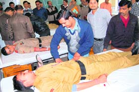 Students of the National Cadet Corps donate blood at the district blood bank in Haridwar on Tuesday