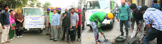 Volunteers of an NGO headed by Baba Kulwant Singh Ajnalewale motivate the residents and shopkeepers to maintain cleanliness; and (right) members of an NGO remove filth from the surroundings of the Golden Temple in Amritsar on Wednesday.