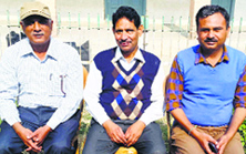All-India Federation of University and College Teachers Organisations spokesman Pawan Lathwal (extreme right) and other office-bearers talk to the media in Gohana on Wednesday