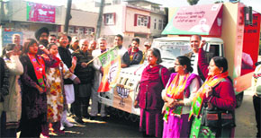 Bharatiya Janata Party leaders flag off special vehicles for election campaign in Jammu on Wednesday
