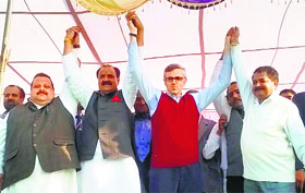 Chief Minister Omar Abdullah during an election rally at Vijaypur in Jammu on Wednesday