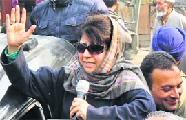 PDP president Mehbooba Mufti addresses party workers in Pulwama on Wednesday