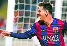 Barcelonas Lionel Messi celebrates scoring a goal during their Champions League match against Apoel in the Cypriot capital, Nicosia, on Tuesday