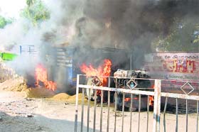 The tractor set on fire by a mob in Sirsa on Thursday