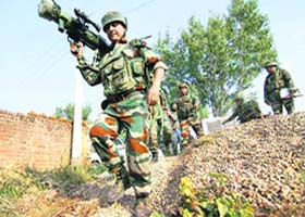 Jawans during a gun battle with militants at Pindi village in Arnia, near Jammu, on Thursday