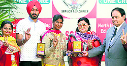 Jagdeep Singh, an athlete of St Soldier College of Education, broke the four-year-old GNDU record in long jump in the All-India Inter-University Championship and set the new record. He also won a bronze medal in the All-India Open Athletic Championship that was held in Calcutta. Dhanpreet Kaur (centre) of the college won a bronze medal in the North All-India University Boxing Championship