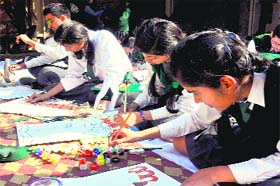 Schoolchildren take part in a competition to raise awareness about the clean Ganga drive in Haridwar on Thursday