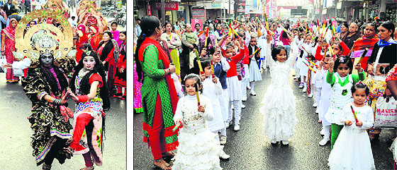 Artistes perform a dance; and (right) children take part in a procession in Bathinda on Friday. 