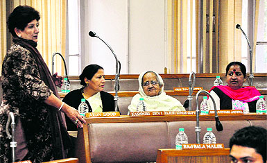 Rana Kashmiri Devi (centre) sits with BJP councillors during an MC meeting in Sector 17 after joining the party on Friday. 
