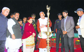 Governor Kaptan Singh Solanki lights the traditional lamp at Brahma Sarovar in Kurukshetra, marking the beginning of the five-day Gita Jayanti Samaroh on Friday.