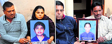 Family members of deceased Sandeep Kumar; (and right) Aryan, who died due to dengue, in Jalandhar