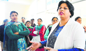 Lovey Kalyan, president of the Ludhiana Nurses' Association, at the Civil Hospital in Ludhiana on Friday.