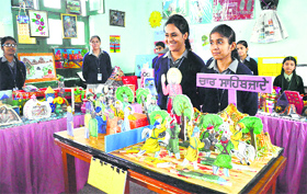 Students display models during an exhibition at Sargodha Public Senior Secondary School in Ludhiana.