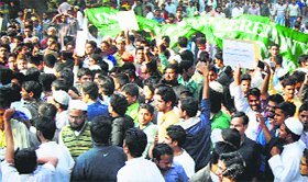 Aligarh Muslim University students protest on Friday.