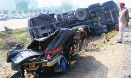 The auto-rickshaw and the truck that collided on the Rajpura-Zirakpur highway on Saturday.