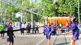 Players in action during a match of the State Sub-Junior and Junior Volleyball Championship at the Sports Complex in Sector 7, Chandigarh, on Satuday.