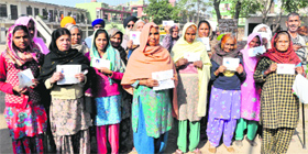 Pensioners show their cards at Balongi village in Mohali on Saturday.
