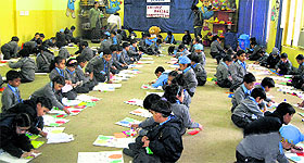 Students of Sanskriti KMV School participate in a collage-making competition in Jalandhar on Saturday. 