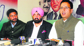 Randeep Surjewala, national spokesperson for Congress party, addresses a press conference in Jammu on Saturday.
