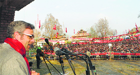 Chief Minister Omar Abdullah addresses a rally in support of National Conference candidate Choudhary Mohammad Ramzan in Kupwara on Saturday.
