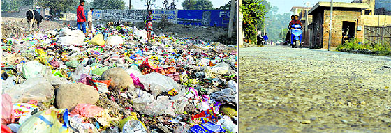Garbage dumped in the open at Aman Nagar; and (right) a broken road in Ward No. 1.
