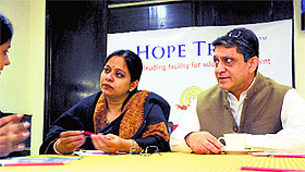 Directors of Hope Trust, a rehab based in Hyderabad, talk to mediapersons in Ludhiana. 
