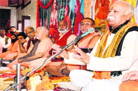 RSS chief Mohan Bhagwat addresses a religious function in memory of Mahamandaleshwar Shri Prakash Chand Maharaj at Jagadguru Ashram in Haridwar on Friday
